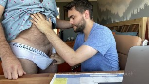 Hairy Dad lets cute boy use his computer